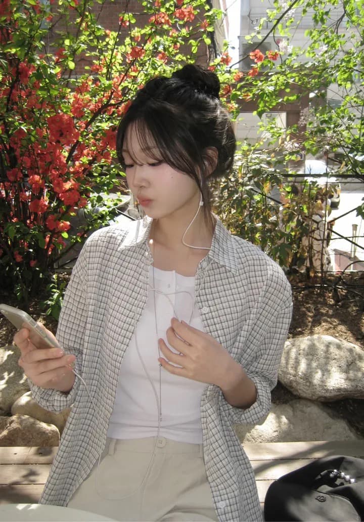 있음 창고 한국 chic 소녀 센스 싱글 줄 버튼 격자 무늬 셔츠 상세 이미지 6