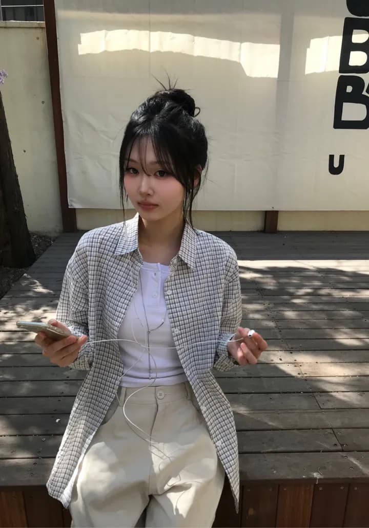 있음 창고 한국 chic 소녀 센스 싱글 줄 버튼 격자 무늬 셔츠 상세 이미지 12