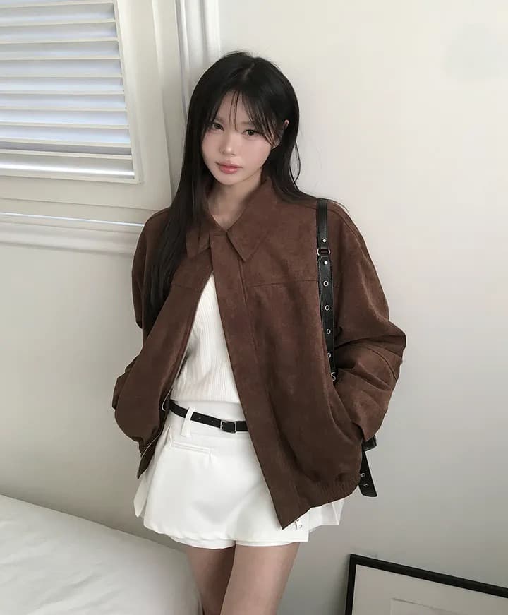 한국 chic 가을 프랑스식 아름다움 라드. 레트로 브라운 색상 시스템 루즈핏 사슴 캐시미어 야구 유니폼 상세 이미지 3