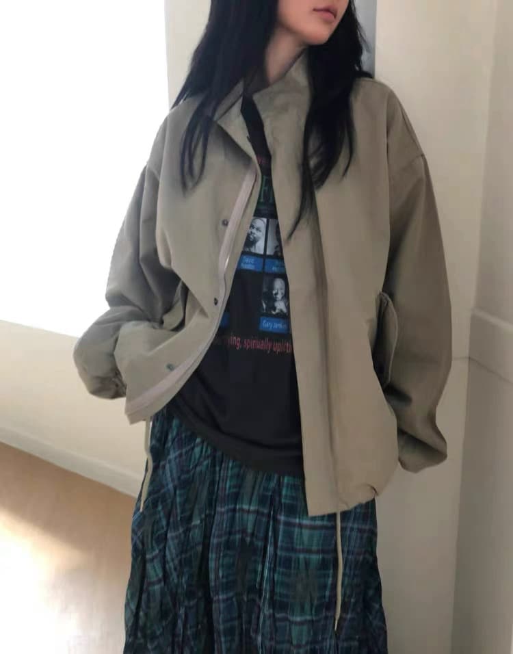 있음 창고 한국 26 새로운 잘 생긴 스탠드 칼라 루즈핏 중간 길이 재킷 재킷 상세 이미지 4