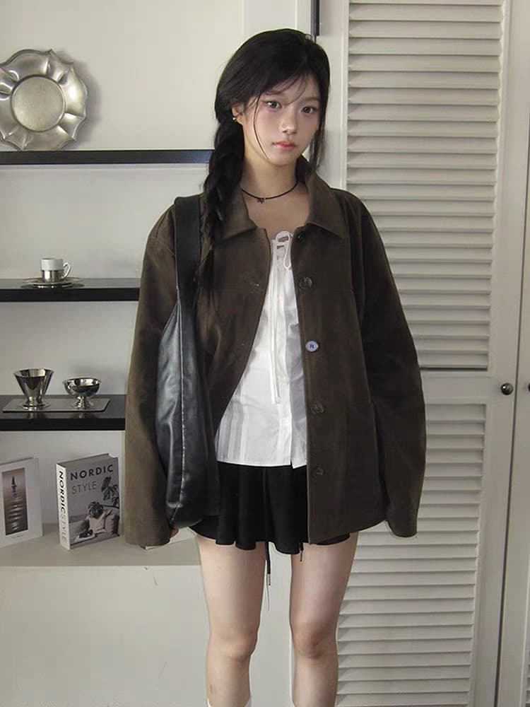 있음 창고 가을 겨울 새로운 폴로 칼라 싱글 줄 버튼 다용도 루즈핏 레트로 주머니 재킷 상세 이미지 2
