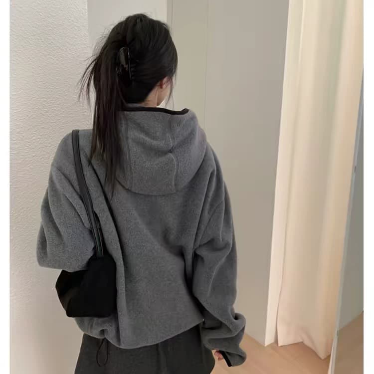 있음 창고 느긋한 바람 배색 테두리 양면 플리스 후드 스타일 여성 코트 상세 이미지 18