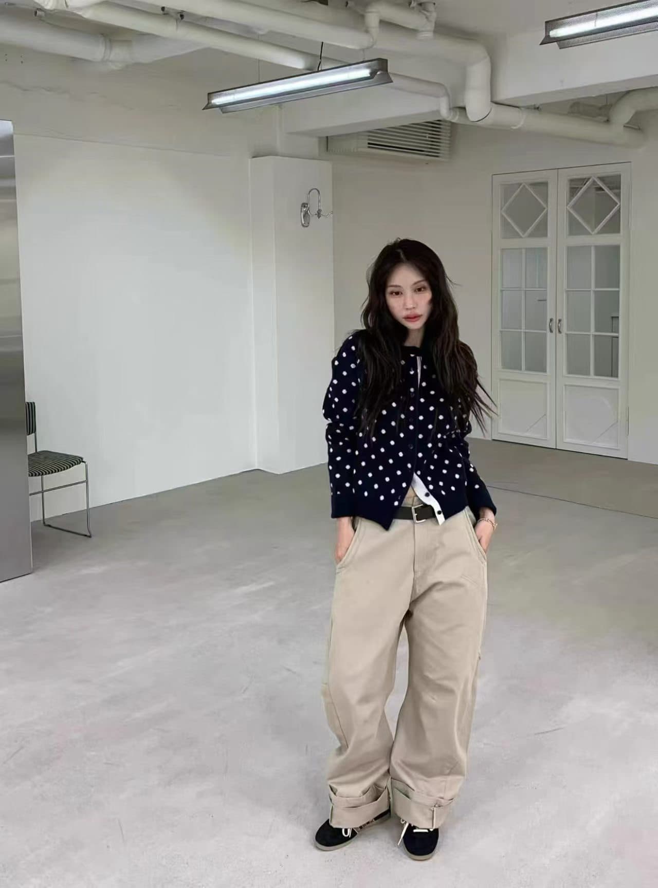 있음 창고 한국 동대문 가을 부드러운 다용도 도트 무늬 부서 버클 니트 오픈 가디건 상세 이미지 3