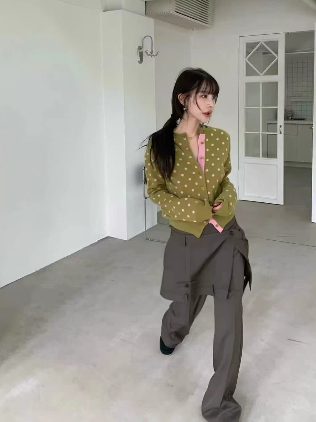 있음 창고 한국 동대문 가을 부드러운 다용도 도트 무늬 부서 버클 니트 오픈 가디건 상세 이미지 6