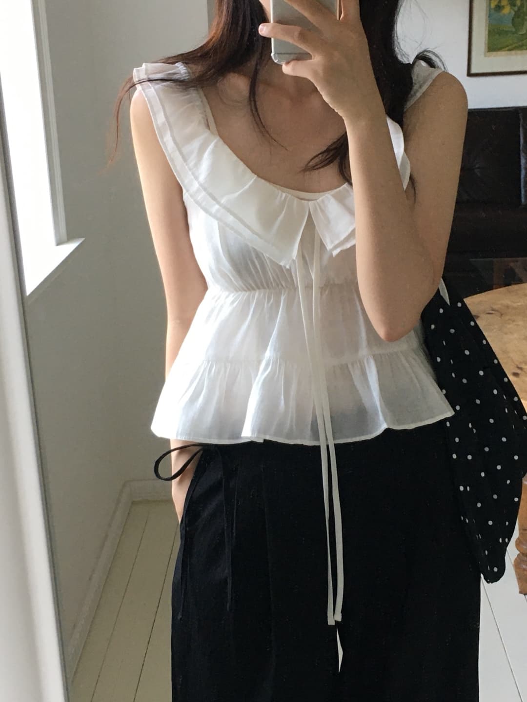 재고 있음 한국 chic 여름 마이크로 ~을 통해 이중층 칼라 리본 주름 프릴 캐미솔