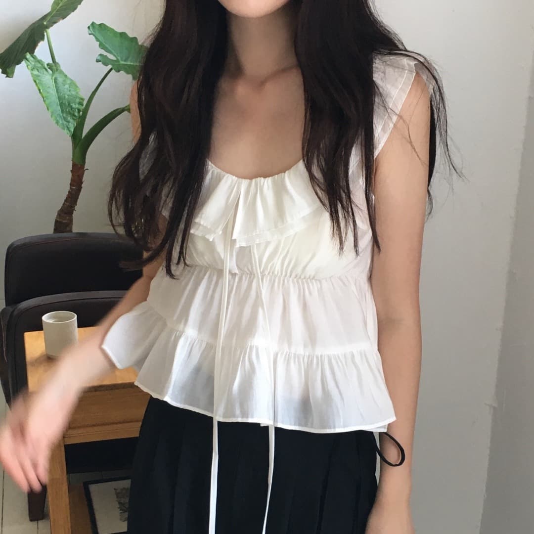 재고 있음 한국 chic 여름 마이크로 ~을 통해 이중층 칼라 리본 주름 프릴 캐미솔 이미지 5