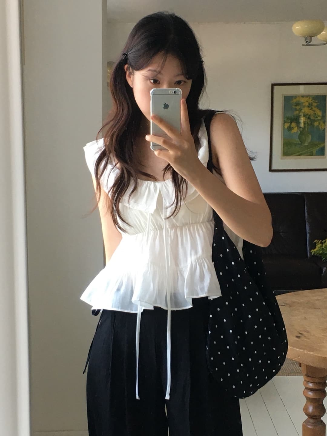 재고 있음 한국 chic 여름 마이크로 ~을 통해 이중층 칼라 리본 주름 프릴 캐미솔 상세 이미지 3