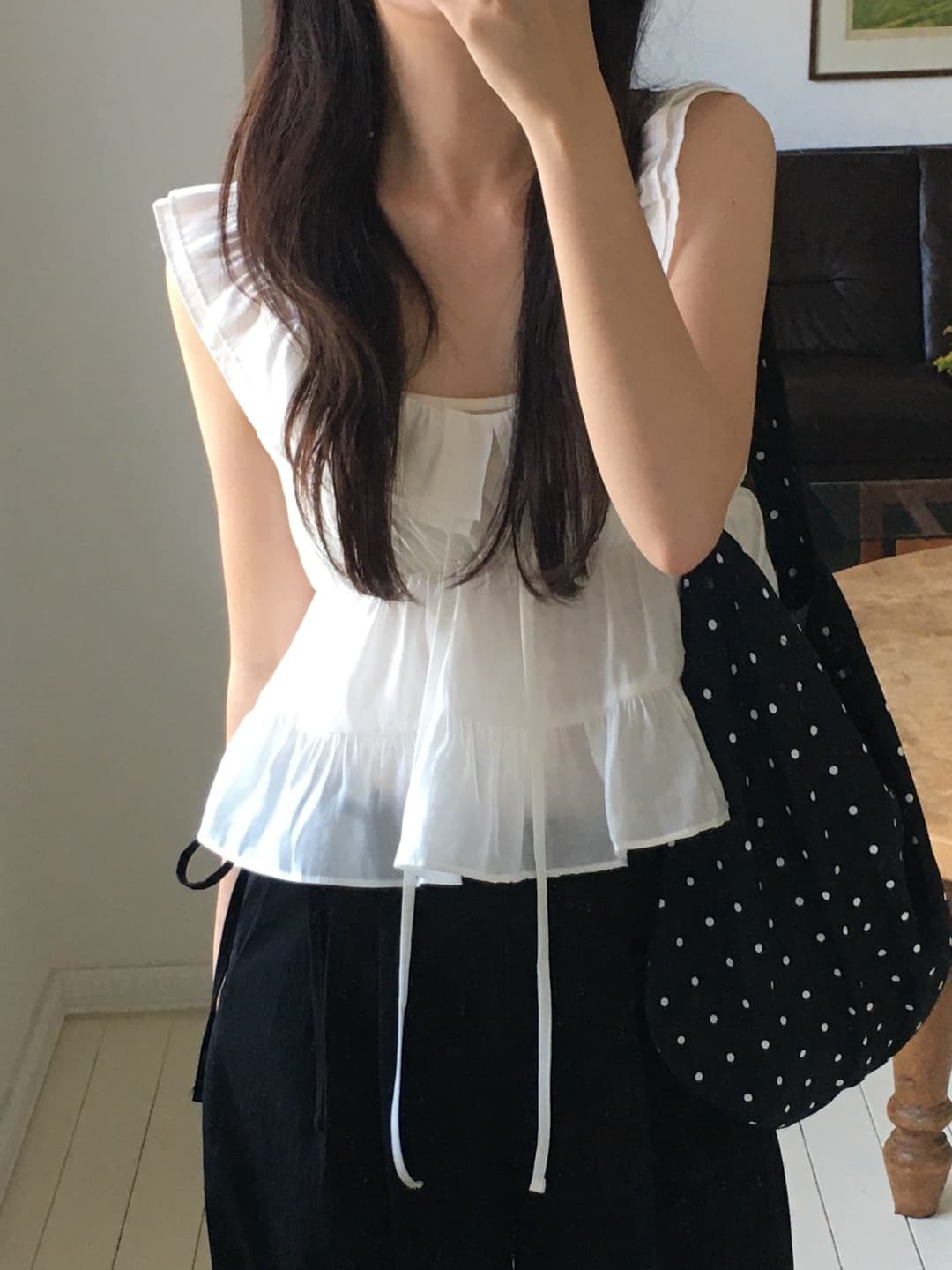 재고 있음 한국 chic 여름 마이크로 ~을 통해 이중층 칼라 리본 주름 프릴 캐미솔 상세 이미지 4