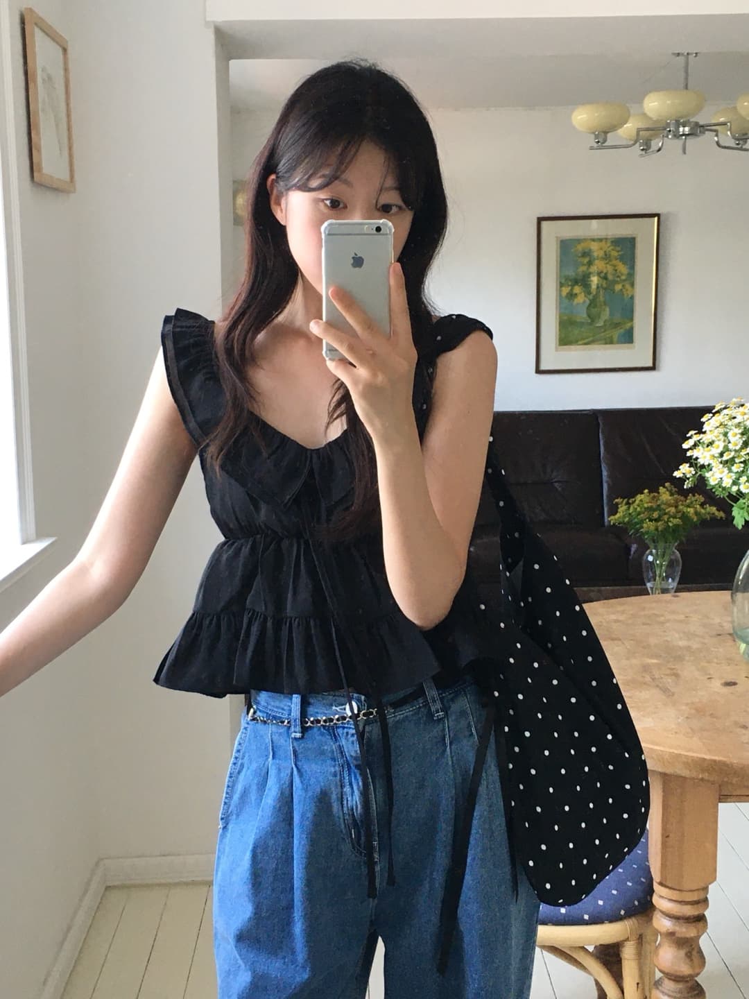 재고 있음 한국 chic 여름 마이크로 ~을 통해 이중층 칼라 리본 주름 프릴 캐미솔 상세 이미지 18