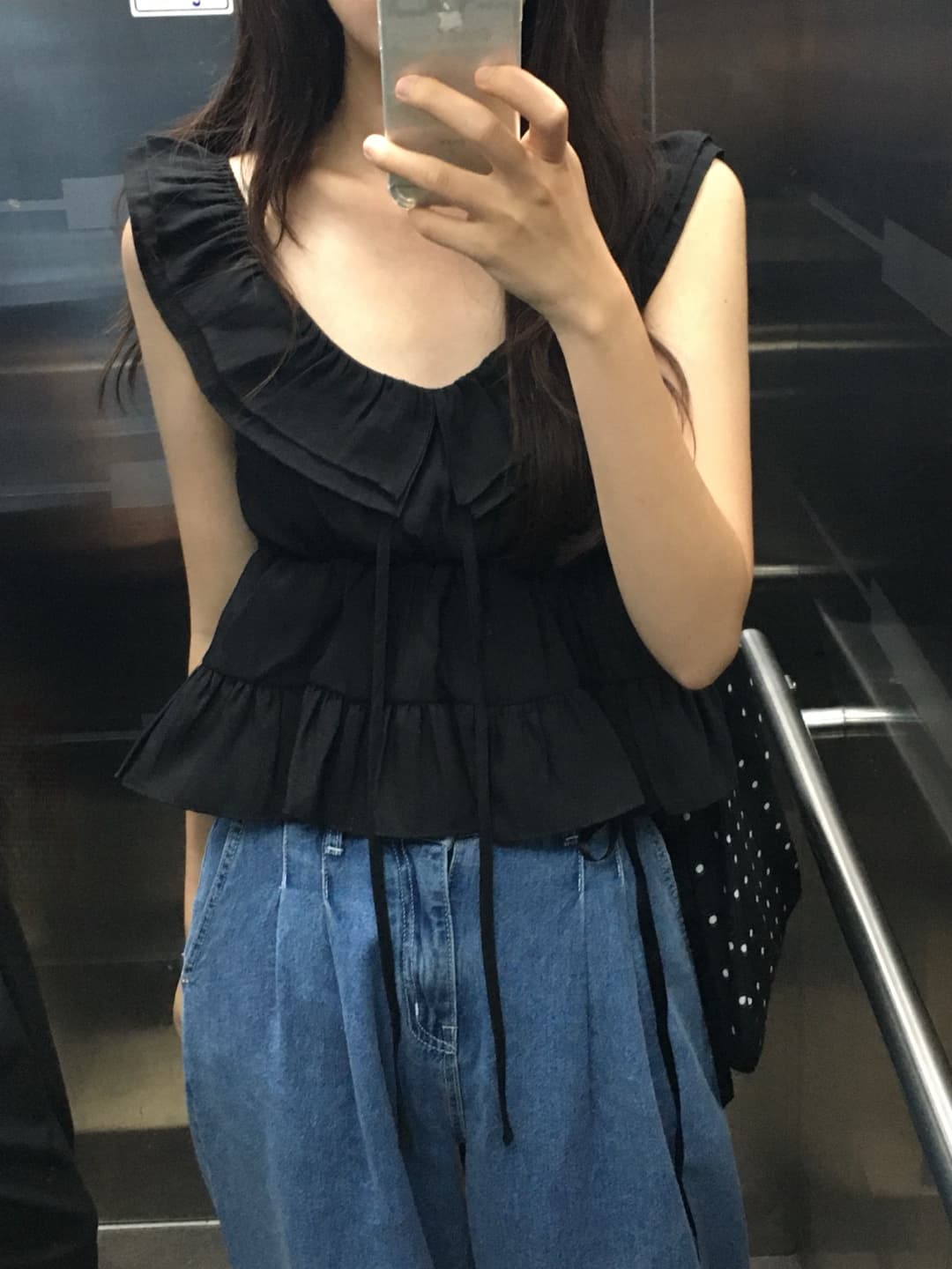 재고 있음 한국 chic 여름 마이크로 ~을 통해 이중층 칼라 리본 주름 프릴 캐미솔 상세 이미지 22