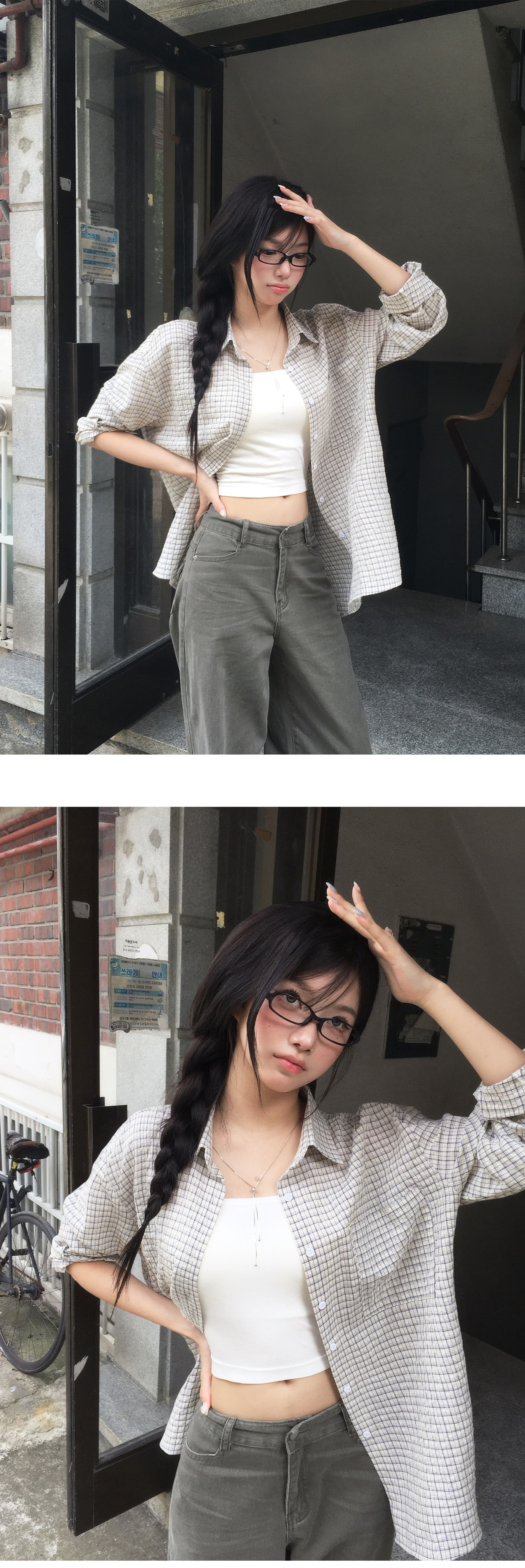 재고 있음 한국 chic 가을의 날 소녀 센스 싱글 줄 버튼 격자 무늬 셔츠 여성 긴 소매 셔츠 상세 이미지 4