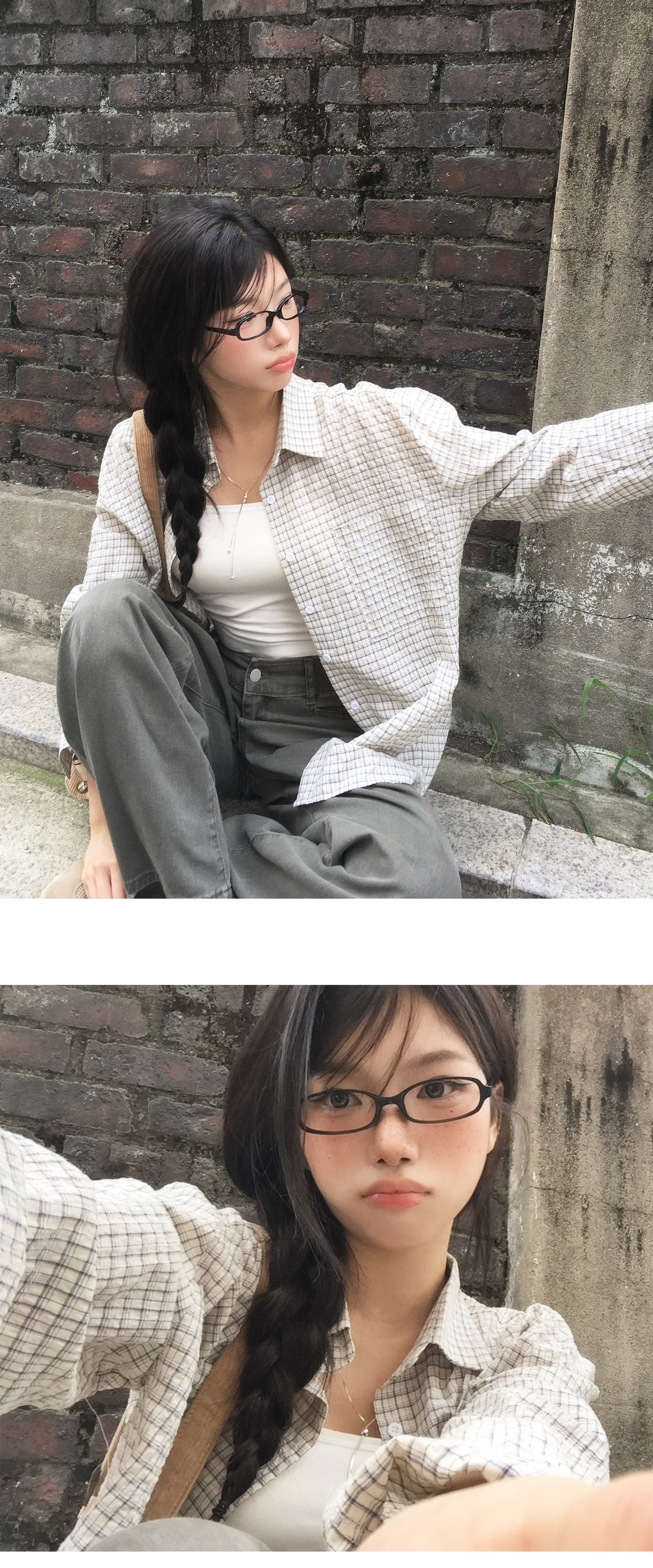 재고 있음 한국 chic 가을의 날 소녀 센스 싱글 줄 버튼 격자 무늬 셔츠 여성 긴 소매 셔츠 상세 이미지 5