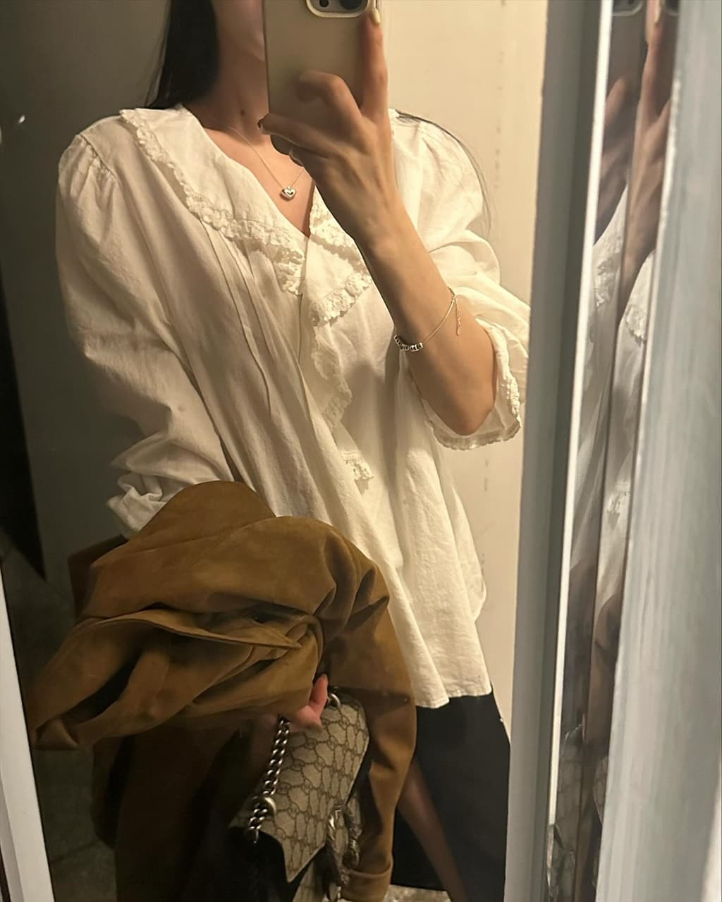 재고 있음 한국 chic 이른 가을 품격 숙녀 레이스 레이스 패치워크 프릴 플리츠 긴팔 여성 셔츠 이미지 3