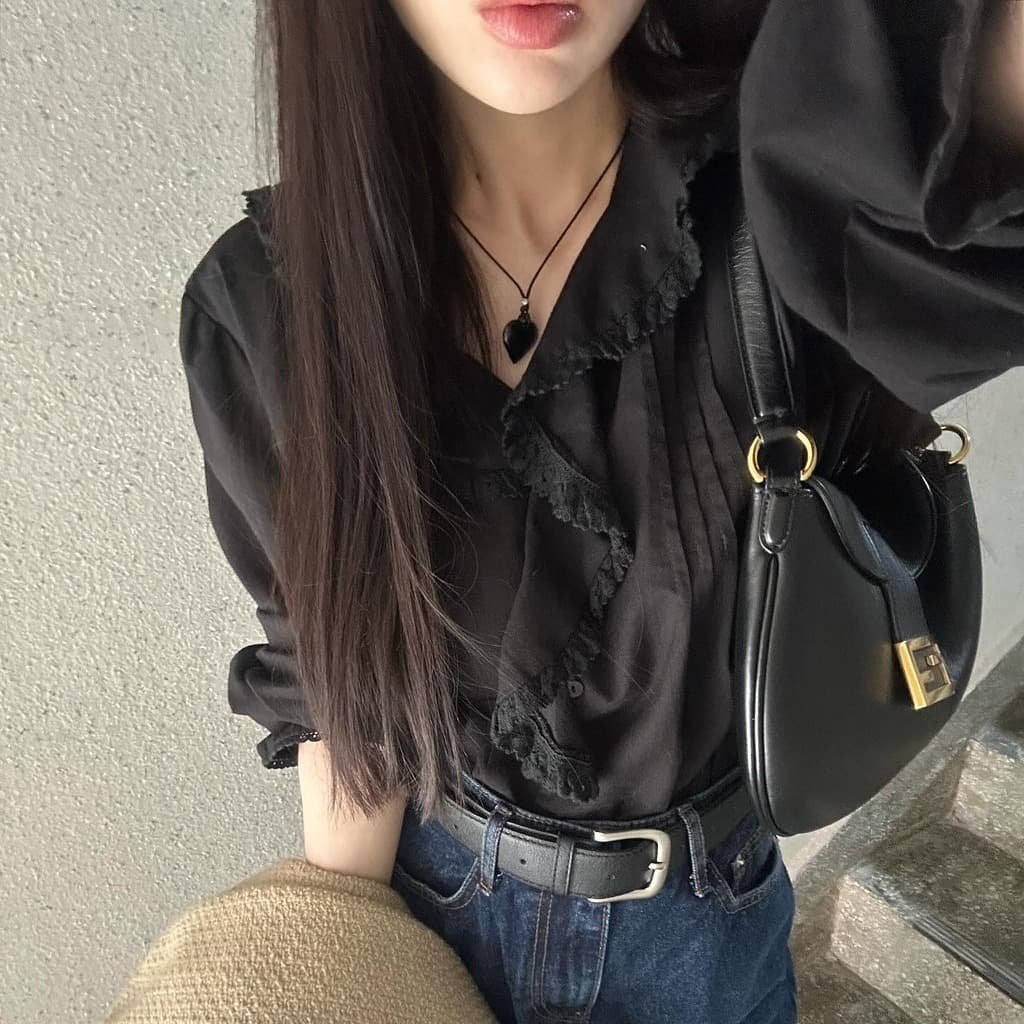 재고 있음 한국 chic 이른 가을 품격 숙녀 레이스 레이스 패치워크 프릴 플리츠 긴팔 여성 셔츠 이미지 5