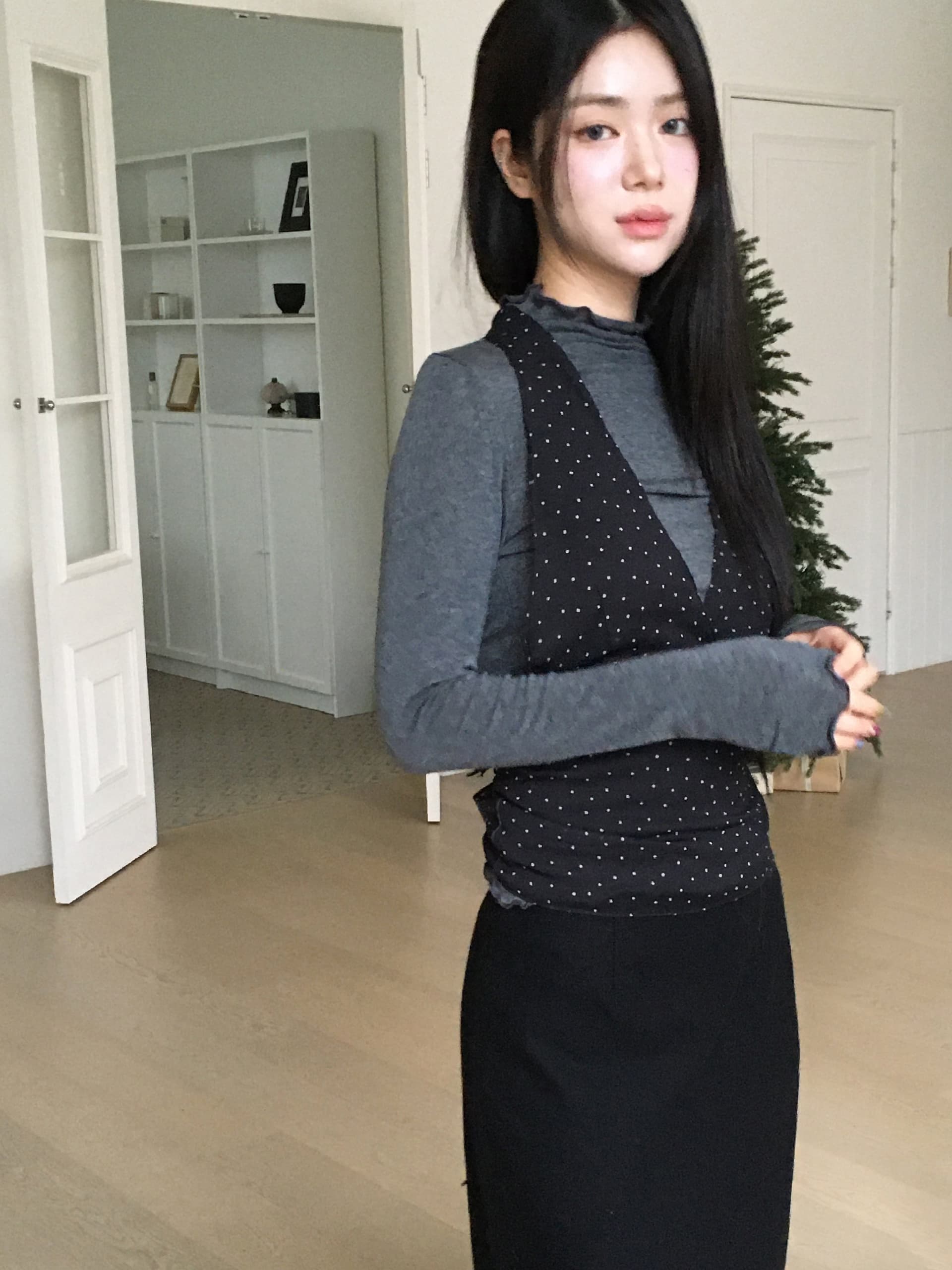 한국 chic 봄날 스택 착용 스트랩 도트 무늬 캐미솔 상세 이미지 1
