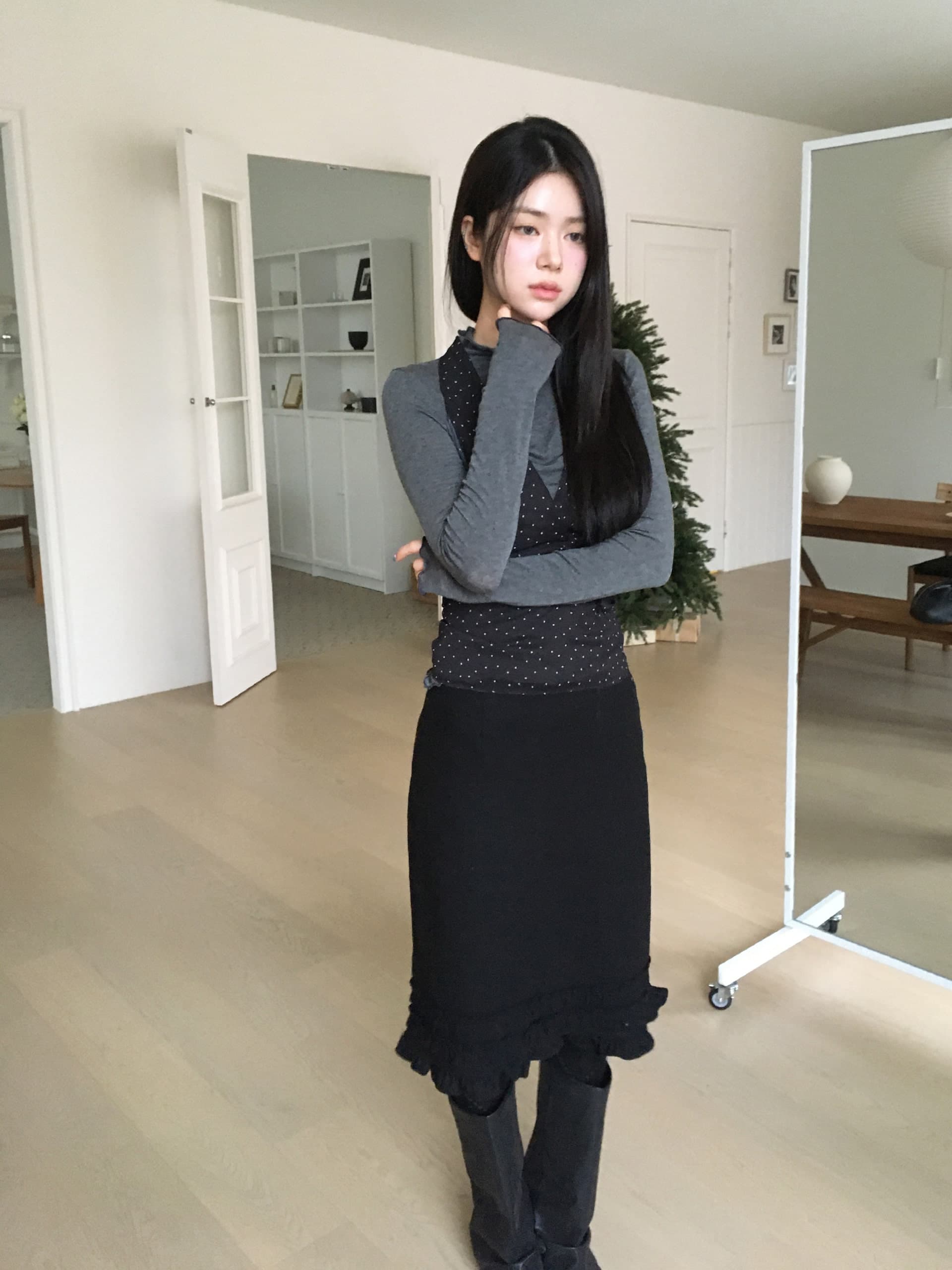 한국 chic 봄날 스택 착용 스트랩 도트 무늬 캐미솔 상세 이미지 7