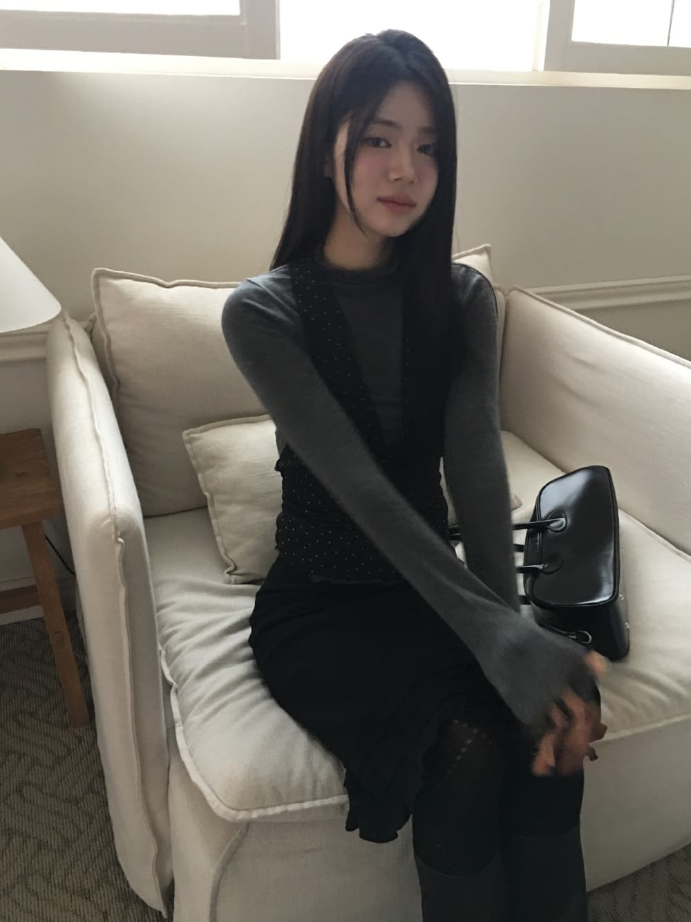 한국 chic 봄날 스택 착용 스트랩 도트 무늬 캐미솔 상세 이미지 28