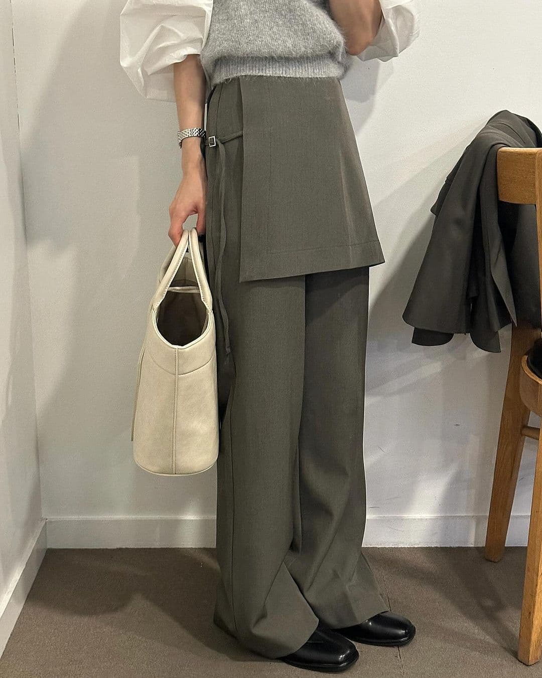 재고 있음 한국 chic 이른 가을 부츠컷 페이크 레이어드 정장 바지 긴 바지 캐주얼 바지 여성용 바지 상세 이미지 14