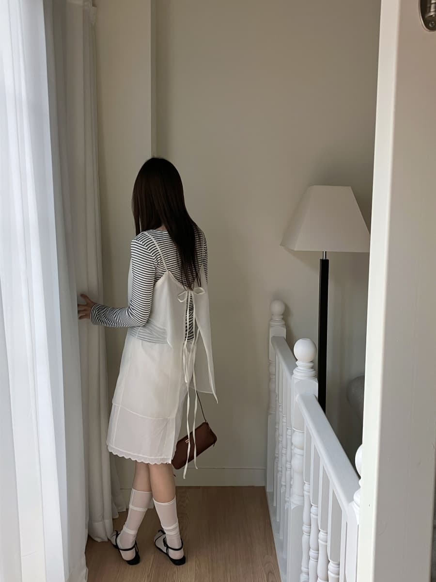한국 chic 봄날 레이스 패치워크 뒤로 스트랩 슬립 드레스 상세 이미지 2