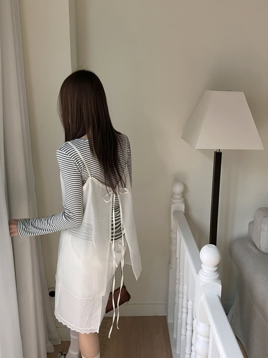 한국 chic 봄날 레이스 패치워크 뒤로 스트랩 슬립 드레스 상세 이미지 8