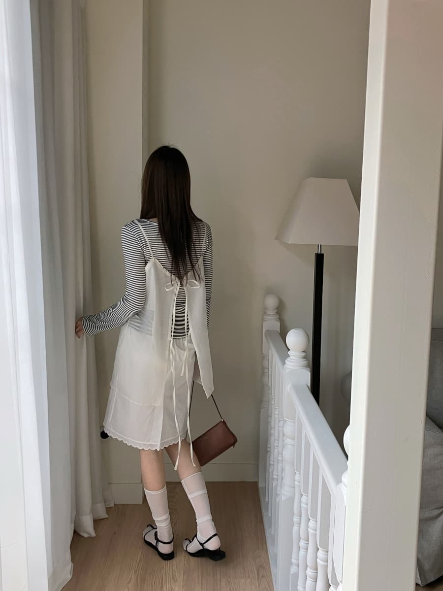 한국 chic 봄날 레이스 패치워크 뒤로 스트랩 슬립 드레스 상세 이미지 20