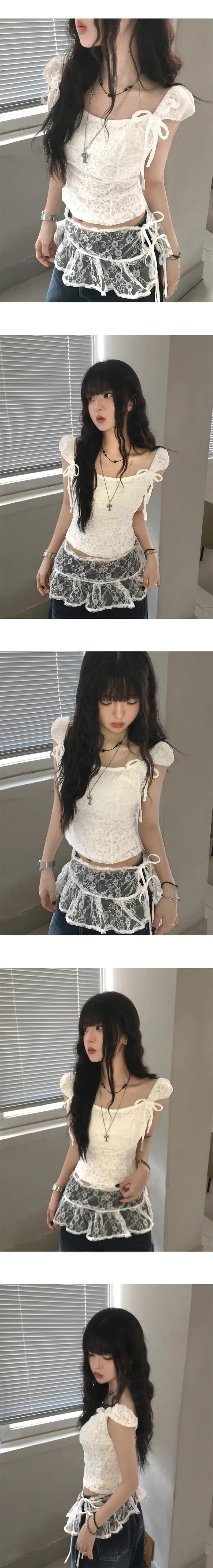 재고 있음 한국 chic 여름 순수한 욕망 바람 나비 매듭 몸매 가꾸기 쇼트 스타일 작은 키 레이스업 반팔 레이스 셔츠 상세 이미지 2