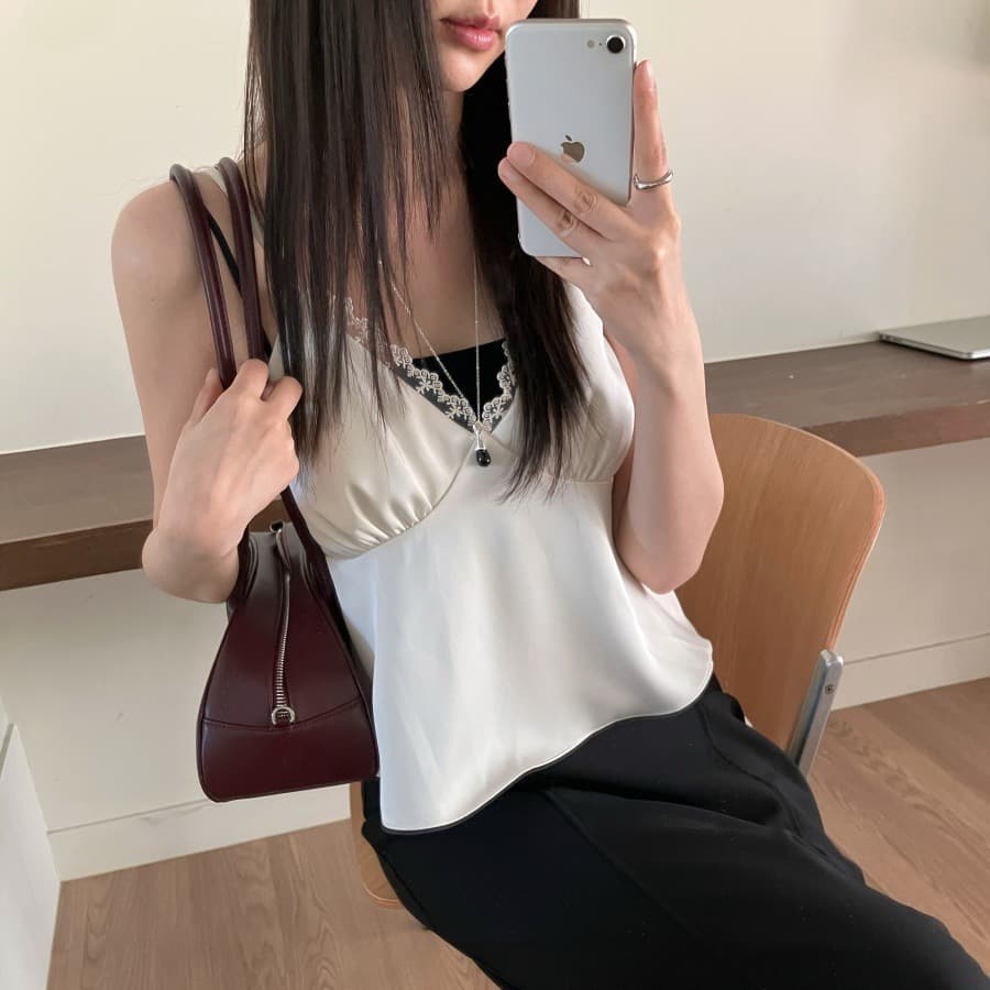 재고 있음 한국 chic 여름 미니멀리즘 품격 레이스 레이스 패치워크 새틴 캐미솔 이미지 2