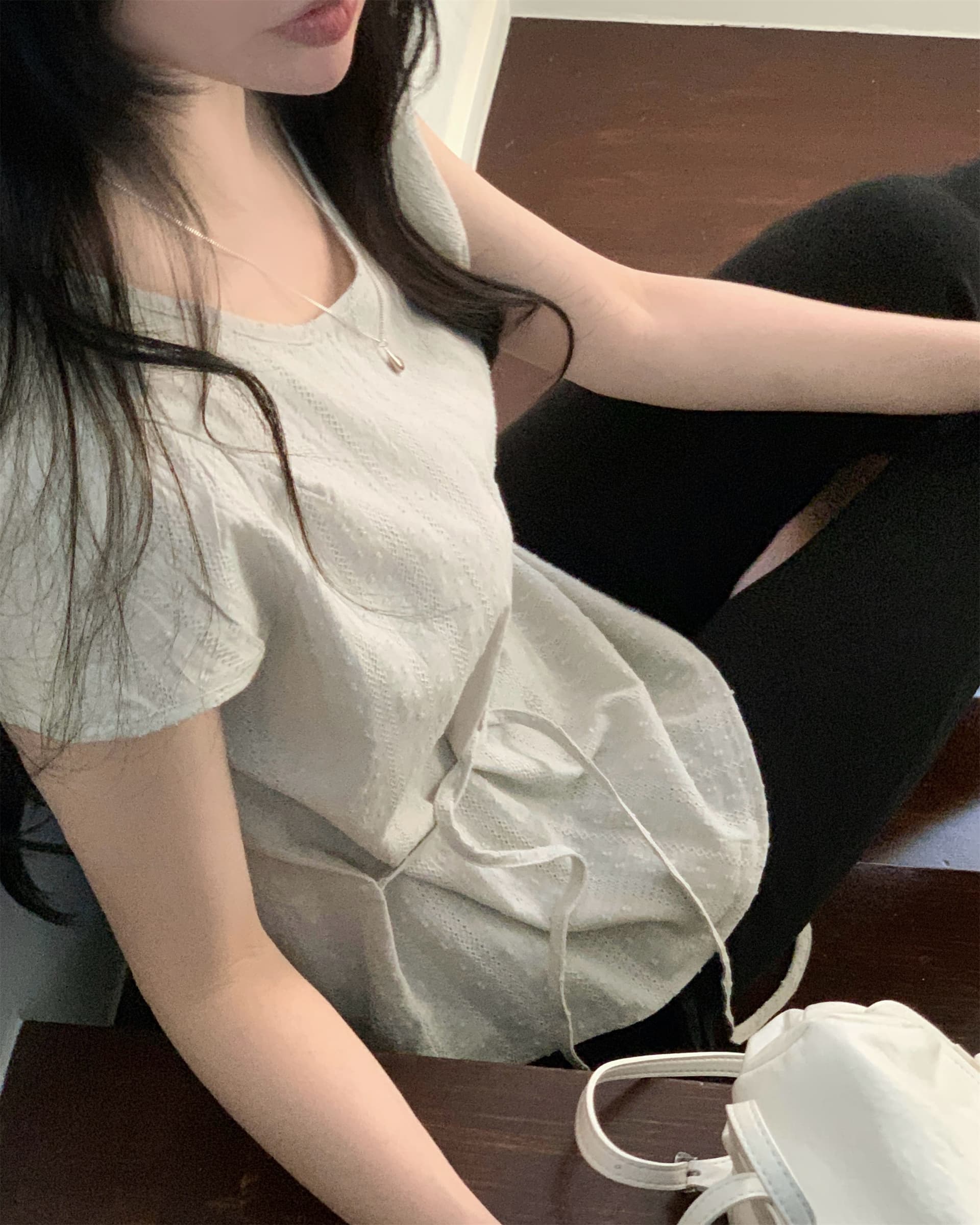 재고 있음 한국 chic 여름 미니멀리즘 자카드 스트랩 허리 수축 반팔 여성 셔츠 상세 이미지 5