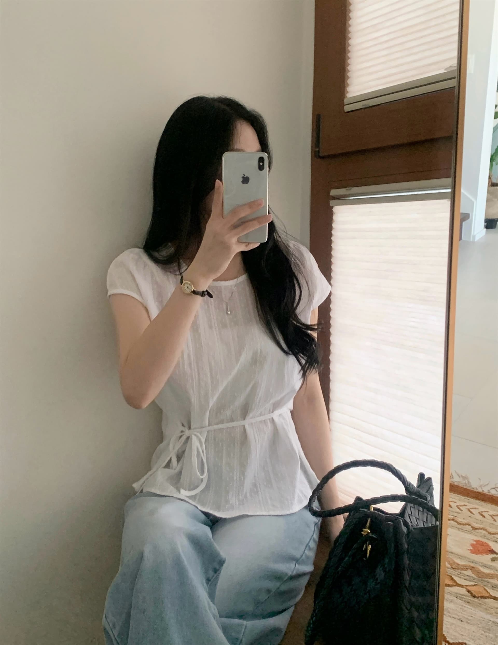 재고 있음 한국 chic 여름 미니멀리즘 자카드 스트랩 허리 수축 반팔 여성 셔츠 상세 이미지 6