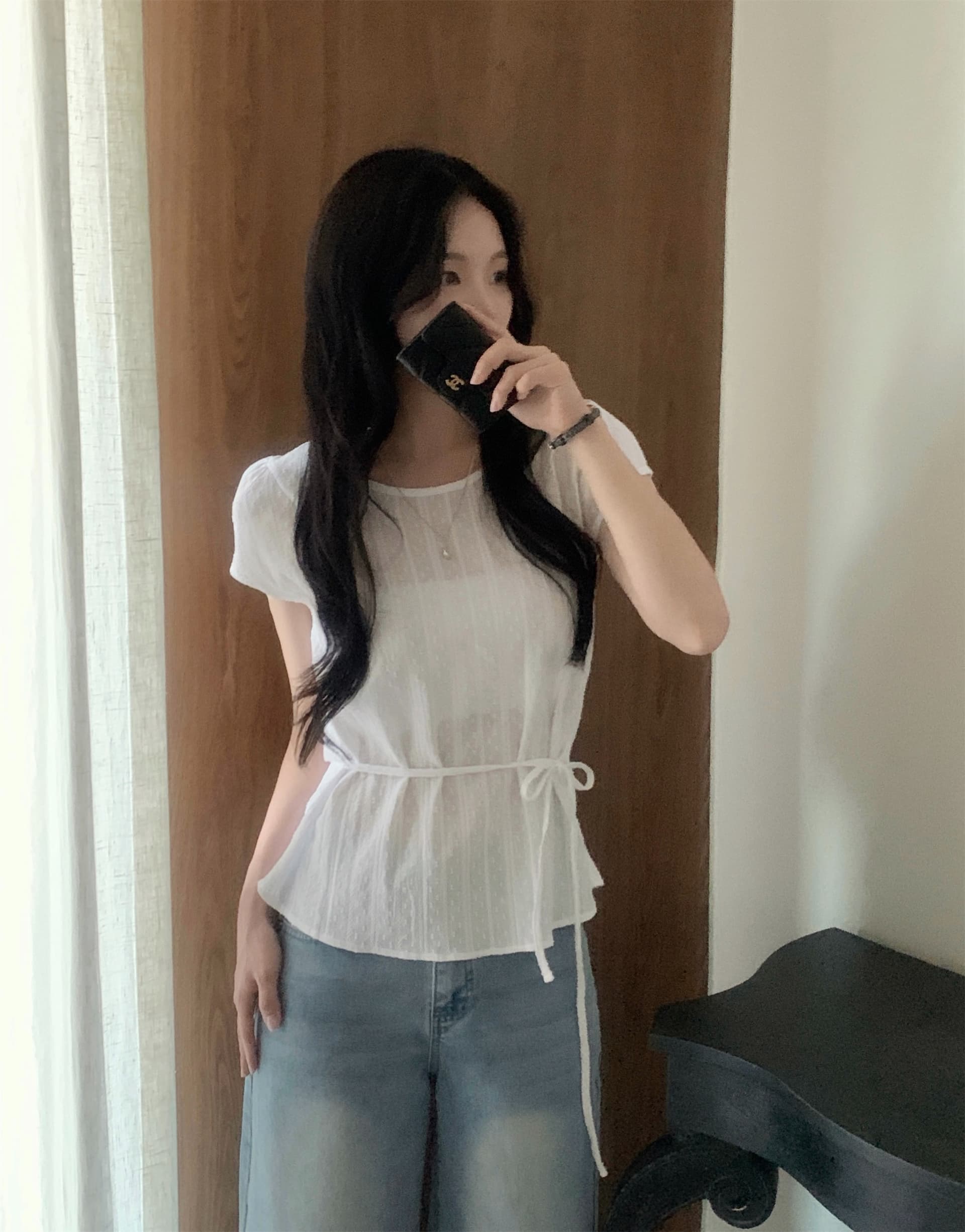 재고 있음 한국 chic 여름 미니멀리즘 자카드 스트랩 허리 수축 반팔 여성 셔츠 상세 이미지 9