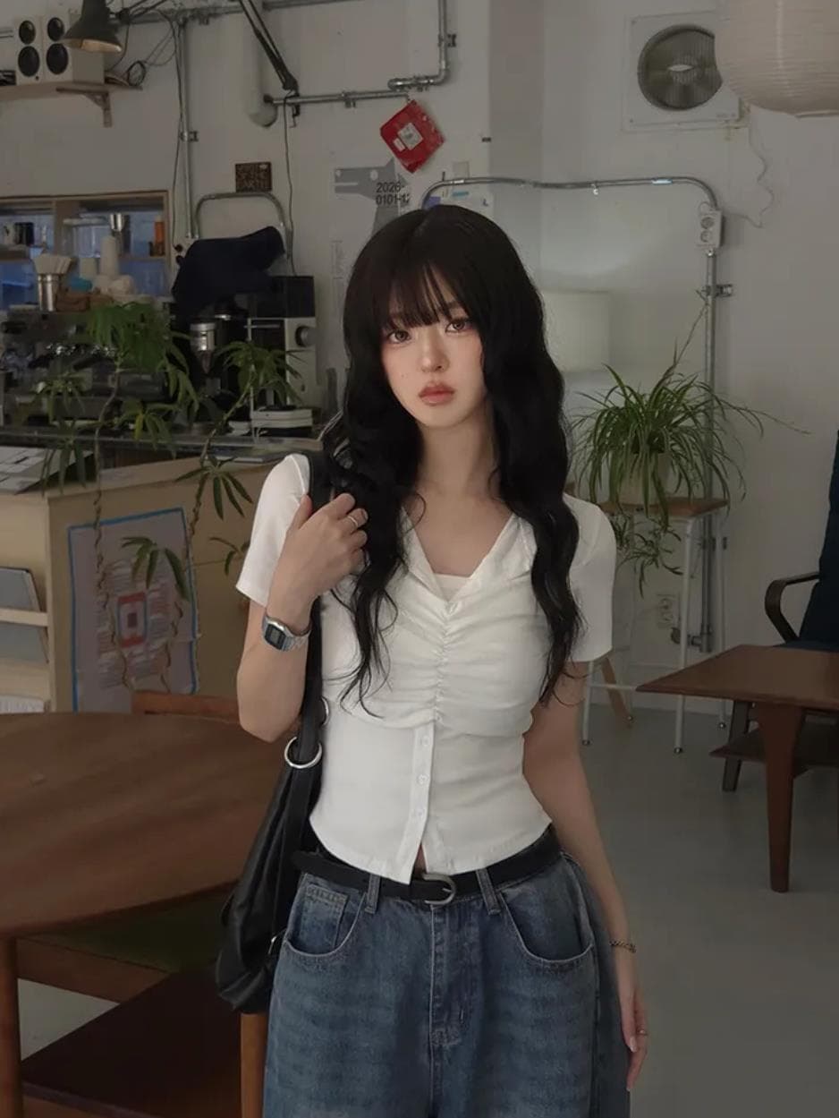 한국 chic 여름 주름 싱글 줄 버튼 반팔 티셔츠 이미지 2