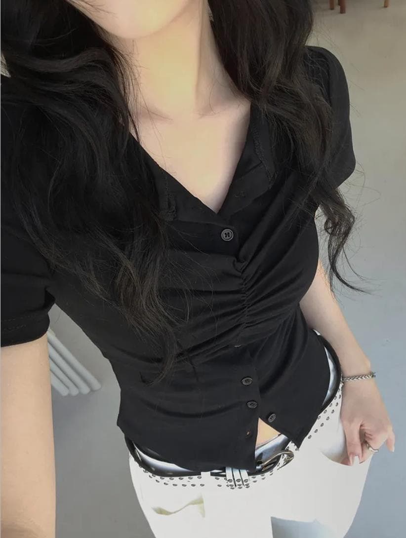 한국 chic 여름 주름 싱글 줄 버튼 반팔 티셔츠 이미지 3