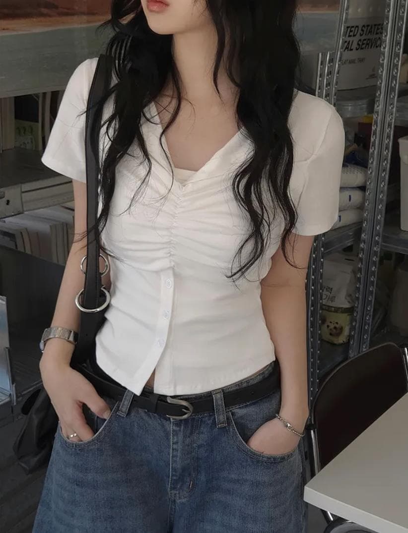 한국 chic 여름 주름 싱글 줄 버튼 반팔 티셔츠 이미지 4