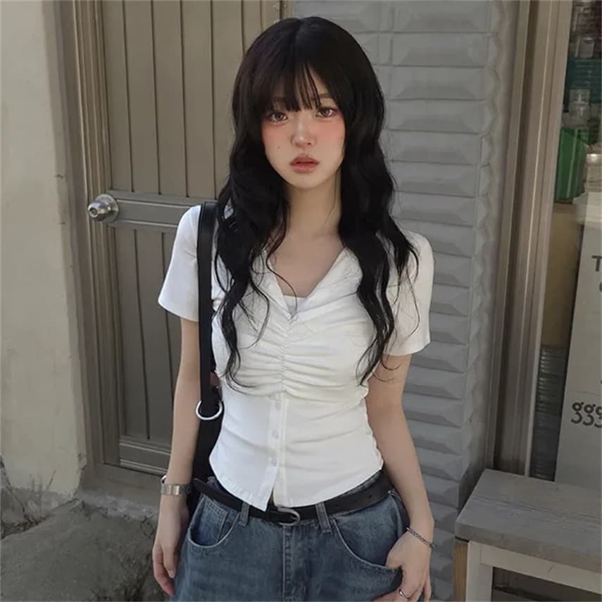 한국 chic 여름 주름 싱글 줄 버튼 반팔 티셔츠