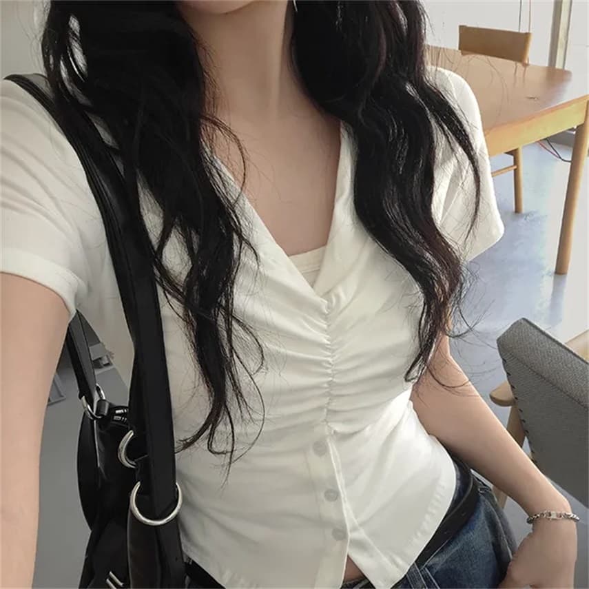 한국 chic 여름 주름 싱글 줄 버튼 반팔 티셔츠 이미지 5