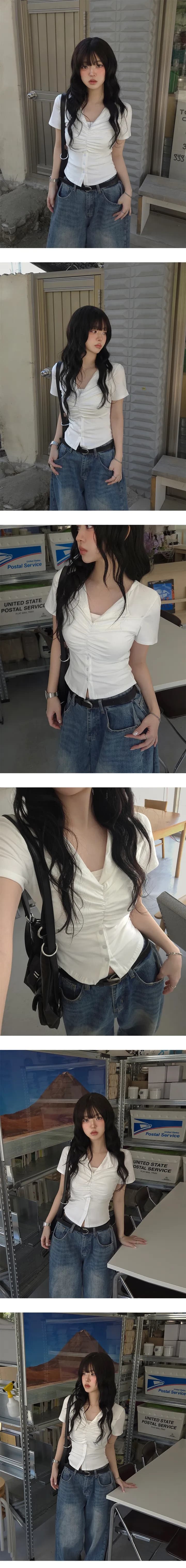 한국 chic 여름 주름 싱글 줄 버튼 반팔 티셔츠 상세 이미지 1