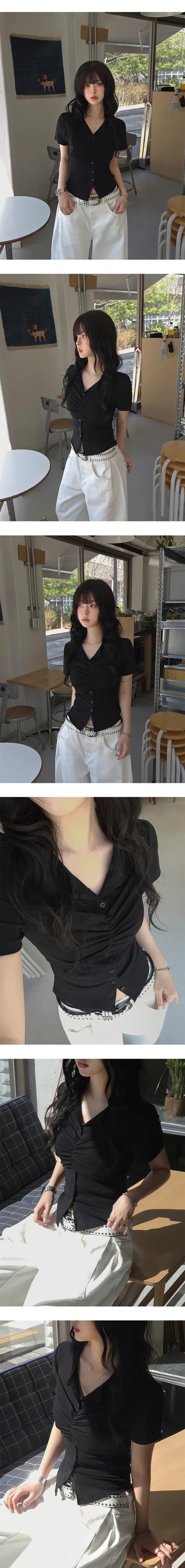 한국 chic 여름 주름 싱글 줄 버튼 반팔 티셔츠 상세 이미지 3