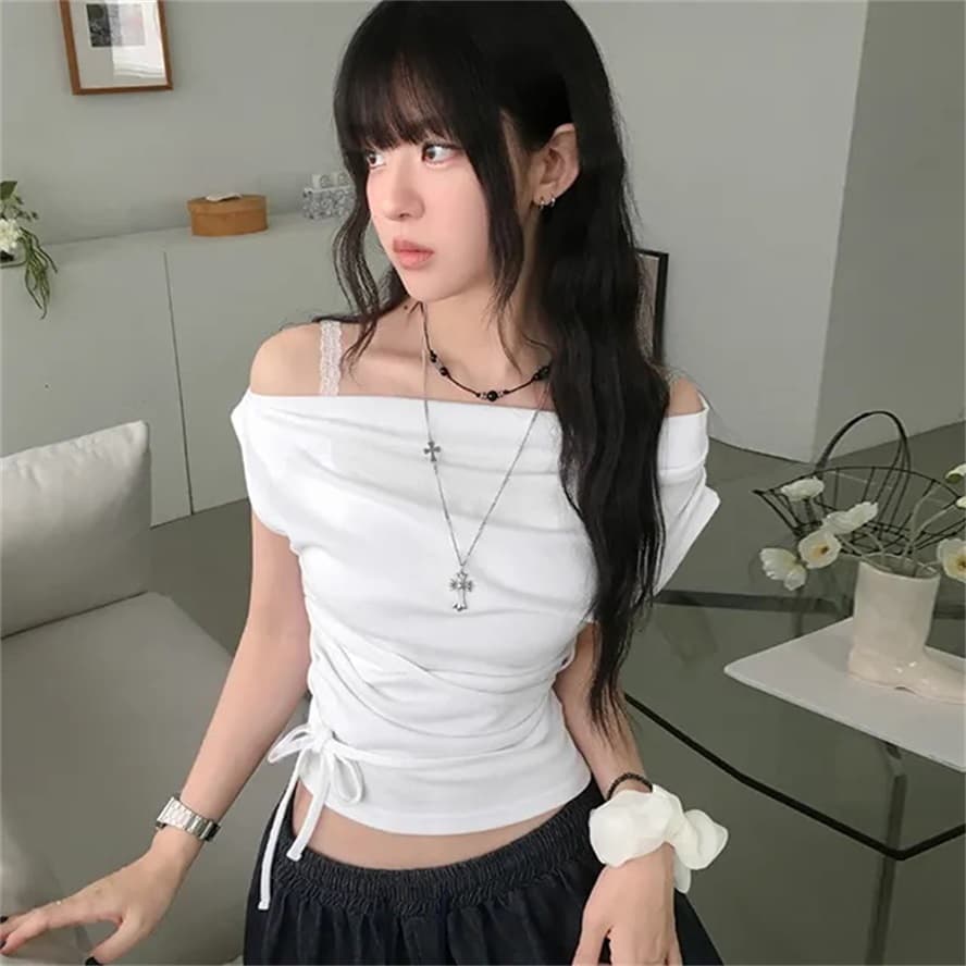 한국 ins 여름 허리 수축 스트랩 주름 반팔 티셔츠
