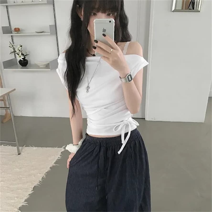 한국 ins 여름 허리 수축 스트랩 주름 반팔 티셔츠 이미지 3