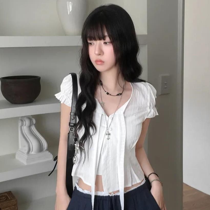 한국 ins 여름 싱글 줄 버튼 리본 작은 키 반팔 셔츠 여성 자카드 셔츠 이미지 2
