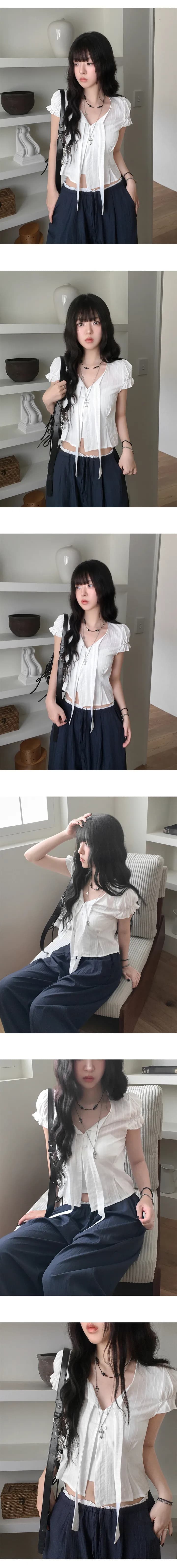 한국 ins 여름 싱글 줄 버튼 리본 작은 키 반팔 셔츠 여성 자카드 셔츠 상세 이미지 2