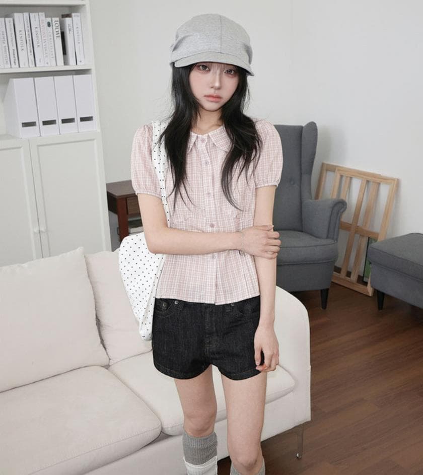 한국 ins 여름 베이비 칼라 싱글 줄 버튼 허리 수축 반팔 격자 무늬 셔츠 이미지 3