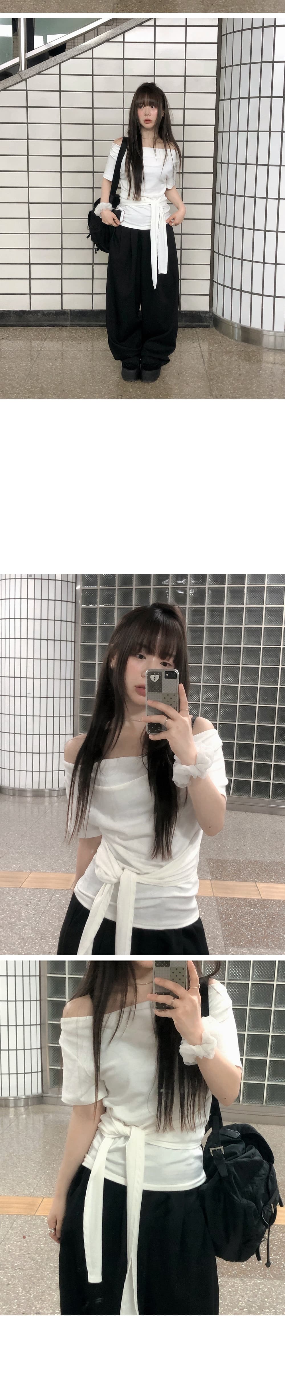 한국 chic 여름 보트 칼라 스트랩 허리 수축 반팔 티셔츠 상세 이미지 3