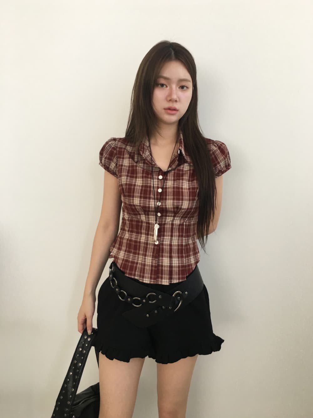 한국 chic 여름 허리 수축 싱글 줄 버튼 격자 무늬 셔츠