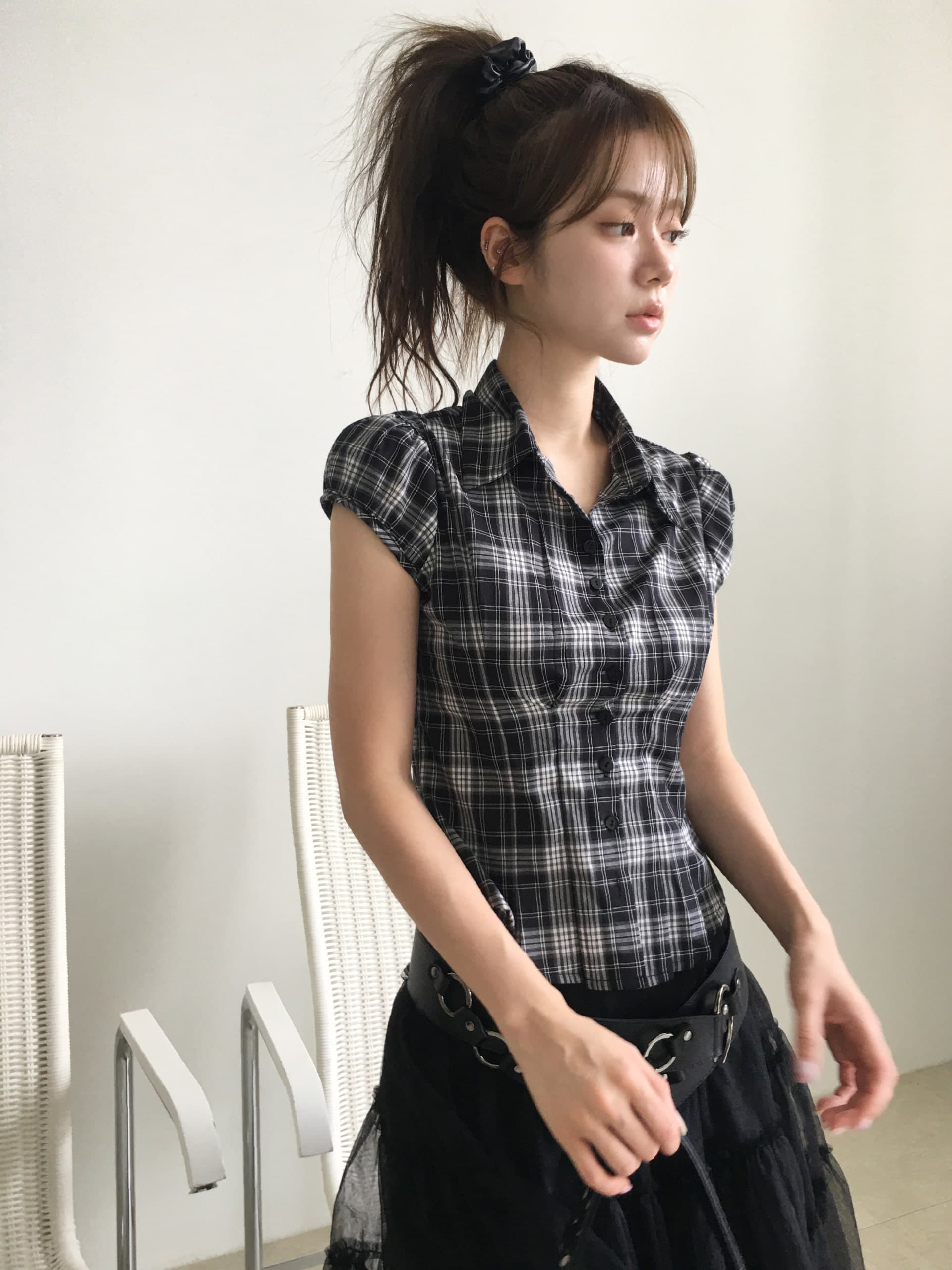 한국 chic 여름 허리 수축 싱글 줄 버튼 격자 무늬 셔츠 이미지 2