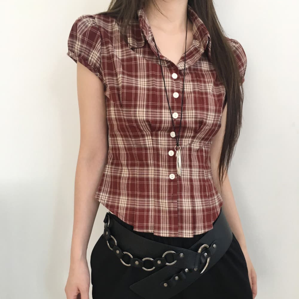 한국 chic 여름 허리 수축 싱글 줄 버튼 격자 무늬 셔츠 이미지 3