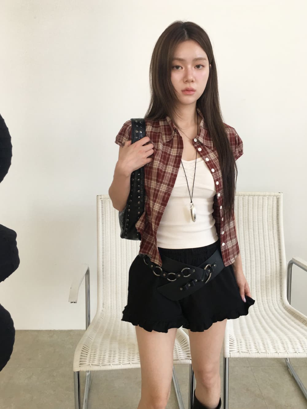 한국 chic 여름 허리 수축 싱글 줄 버튼 격자 무늬 셔츠 상세 이미지 26