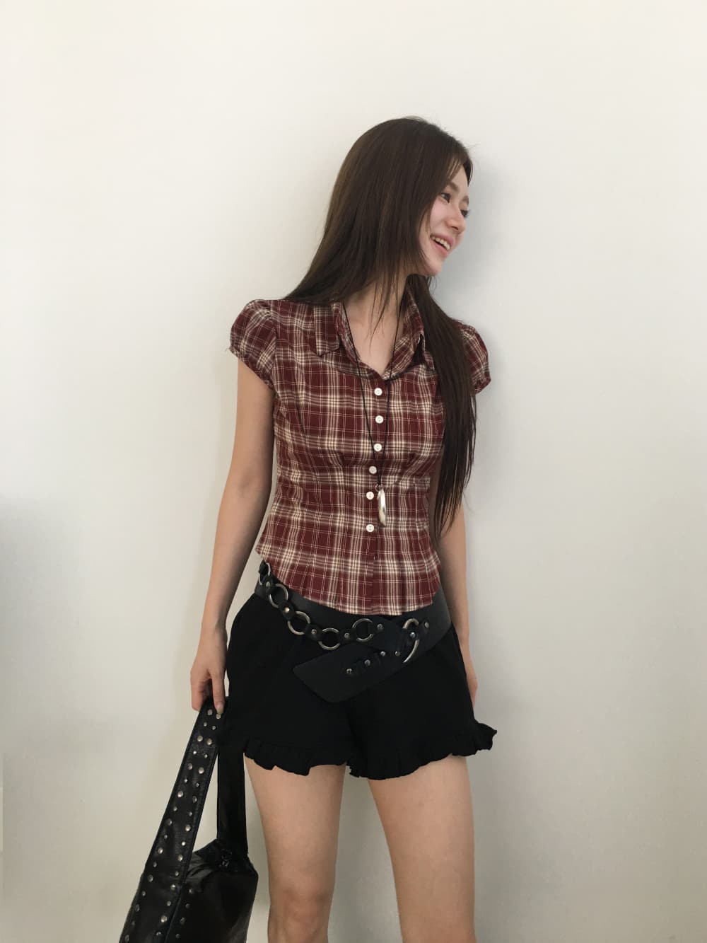 한국 chic 여름 허리 수축 싱글 줄 버튼 격자 무늬 셔츠 상세 이미지 30