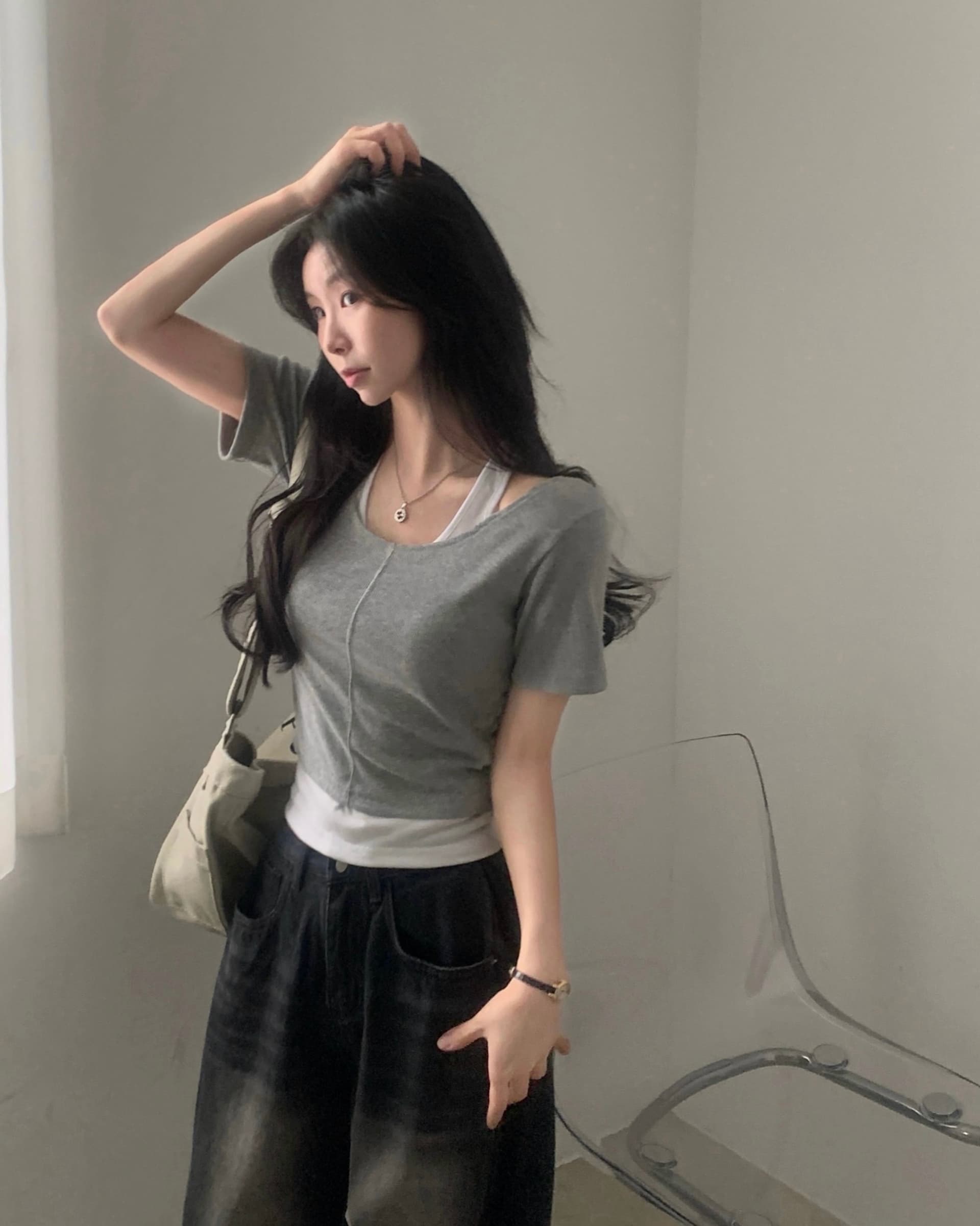 한국 chic 여름 디자인 센스 페이크 레이어드 배색 구덩이 기사 반팔 티셔츠 상세 이미지 9
