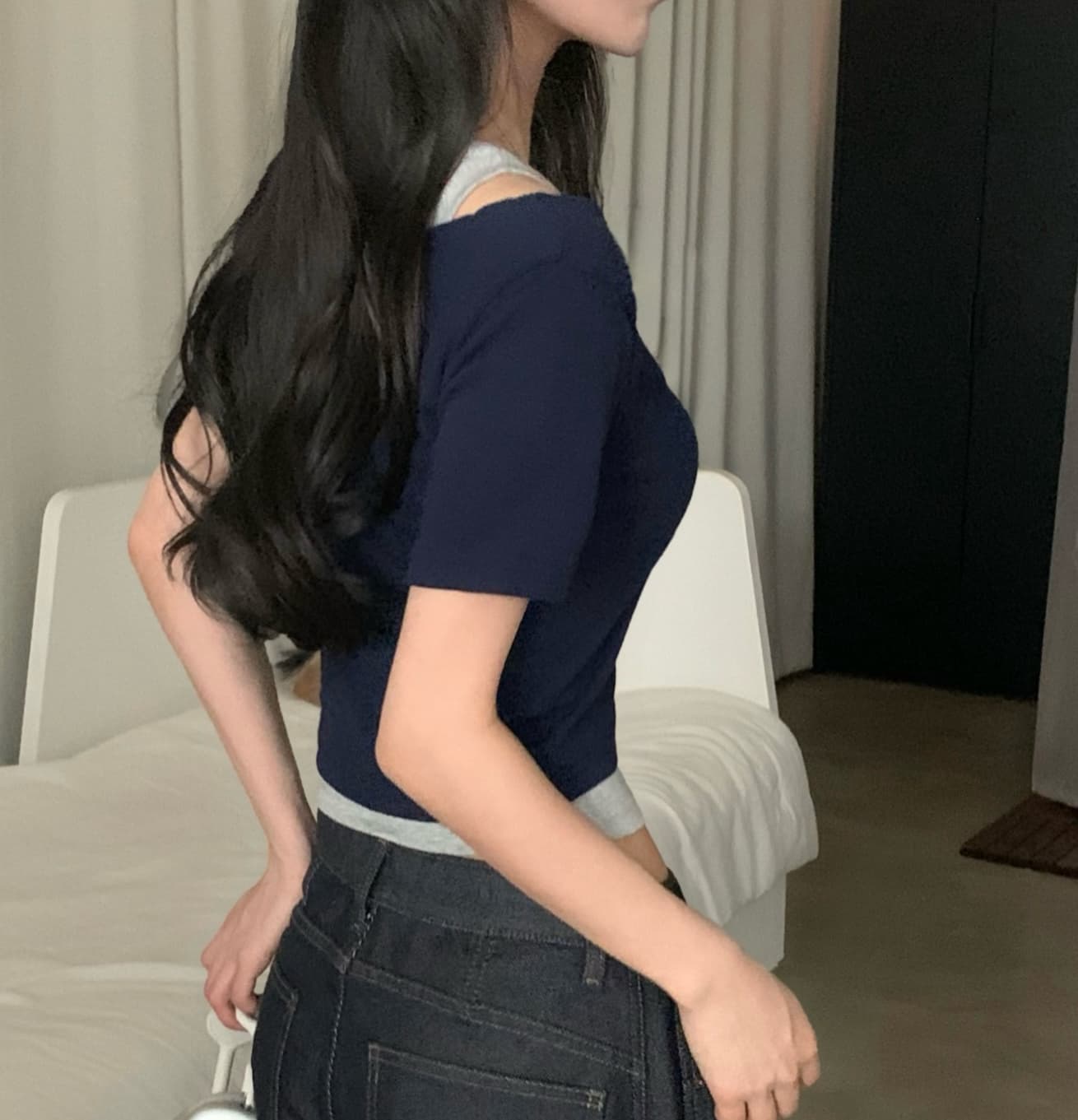 한국 chic 여름 디자인 센스 페이크 레이어드 배색 구덩이 기사 반팔 티셔츠 상세 이미지 11